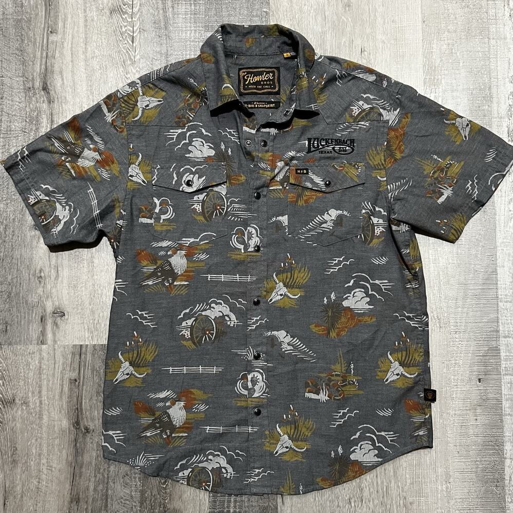 Howler Bros Shirt H Bar B Pearl Snap Shirt Luckenbach Texas Gray Western Sz S